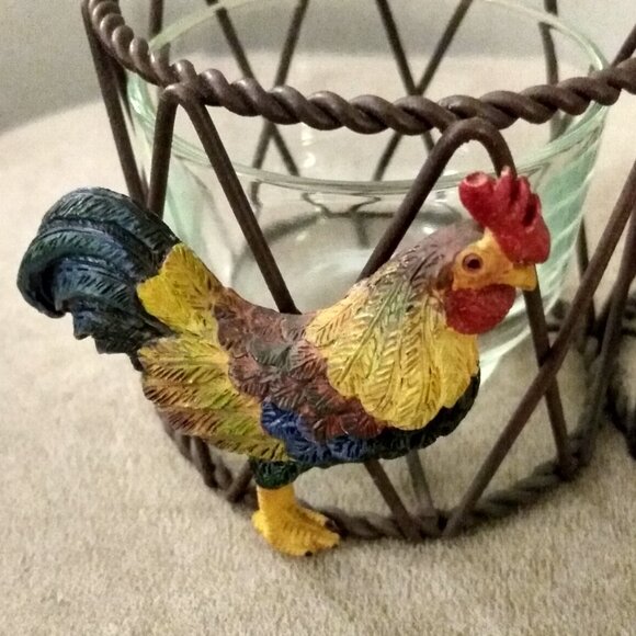 VINTAGE METAL WIRE ROOSTER CANDLE HOLDERS RUSTIC FARMHOUSE DECOR GLASS CUPS - Picture 4 of 10
